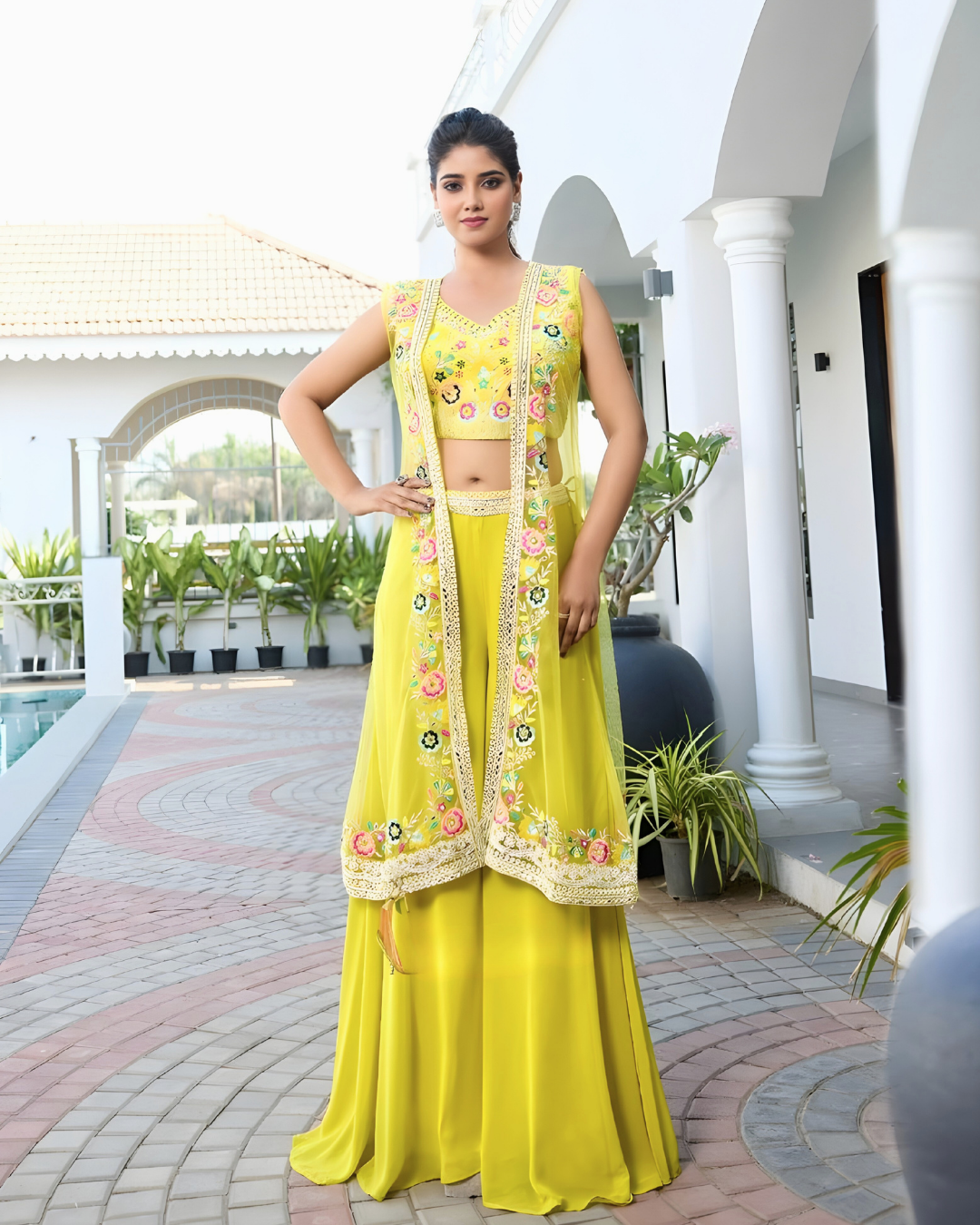 Canary Radiance Mirror-Work Divider Set with Floral Net Jacket