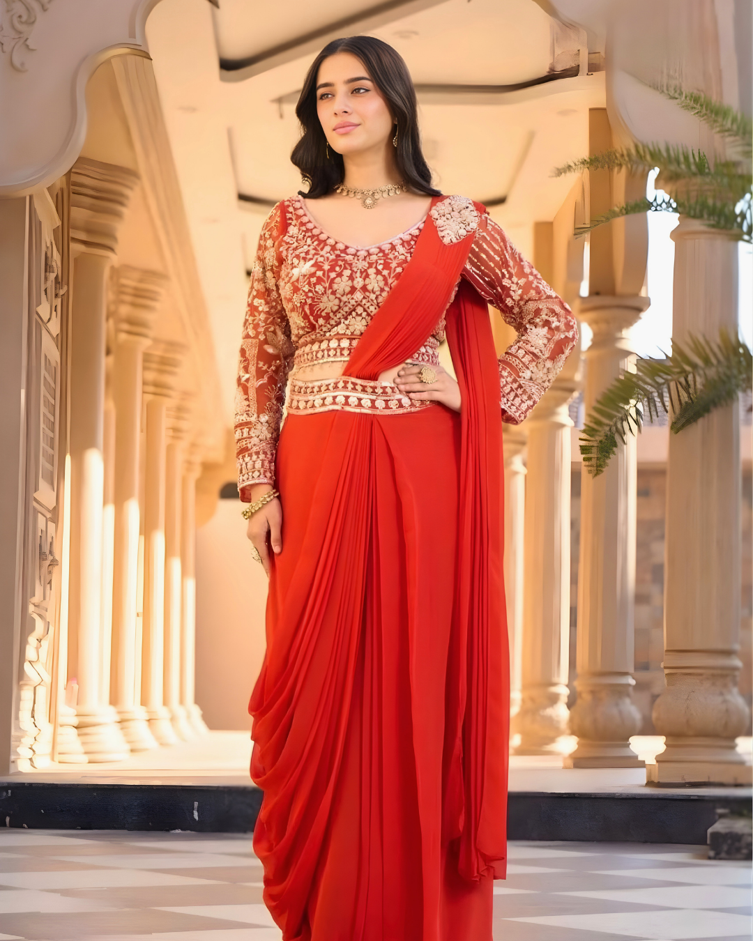 Amber Glow Hand-Beaded Georgette Lehenga Ensemble