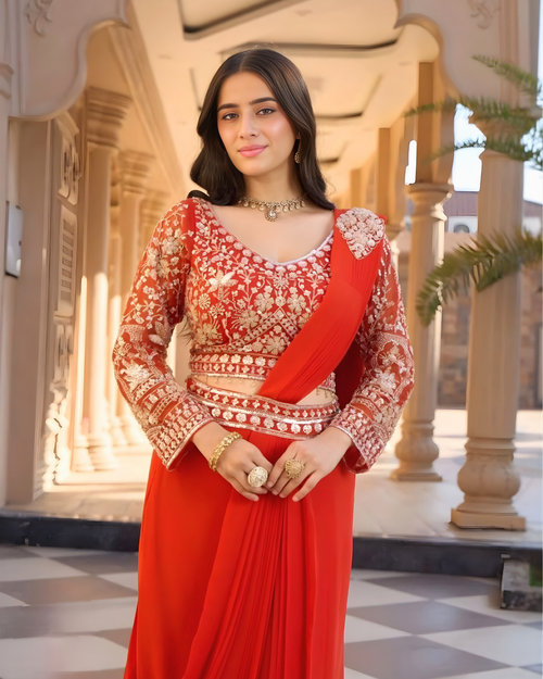 Amber Glow Hand-Beaded Georgette Lehenga Ensemble