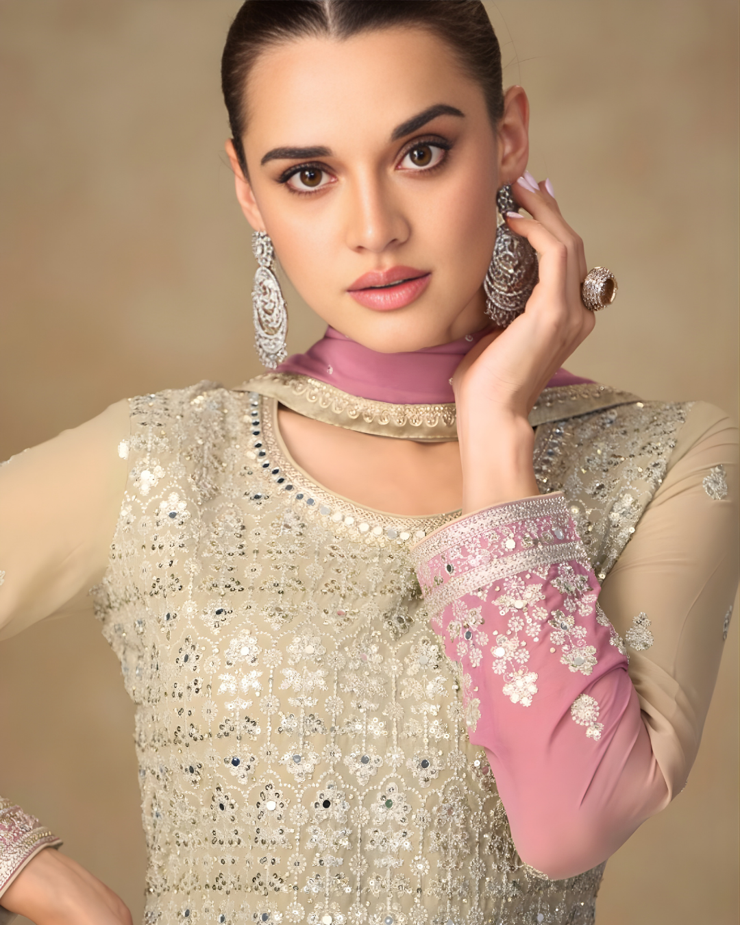 Sage Radiance Hand-Embellished Real Georgette Sharara Set