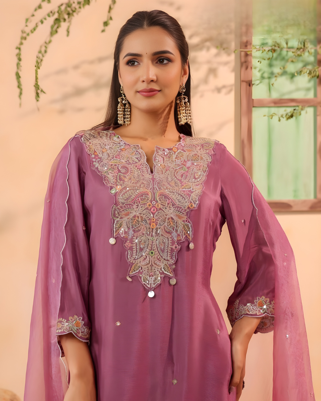 Pure Chinnon Straight Kurti Set with Embroidered Dupatta