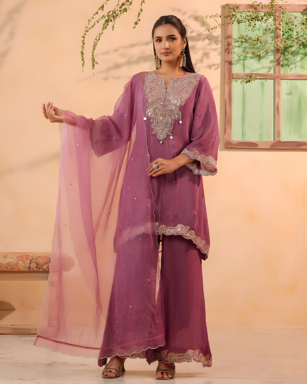 Pure Chinnon Straight Kurti Set with Embroidered Dupatta
