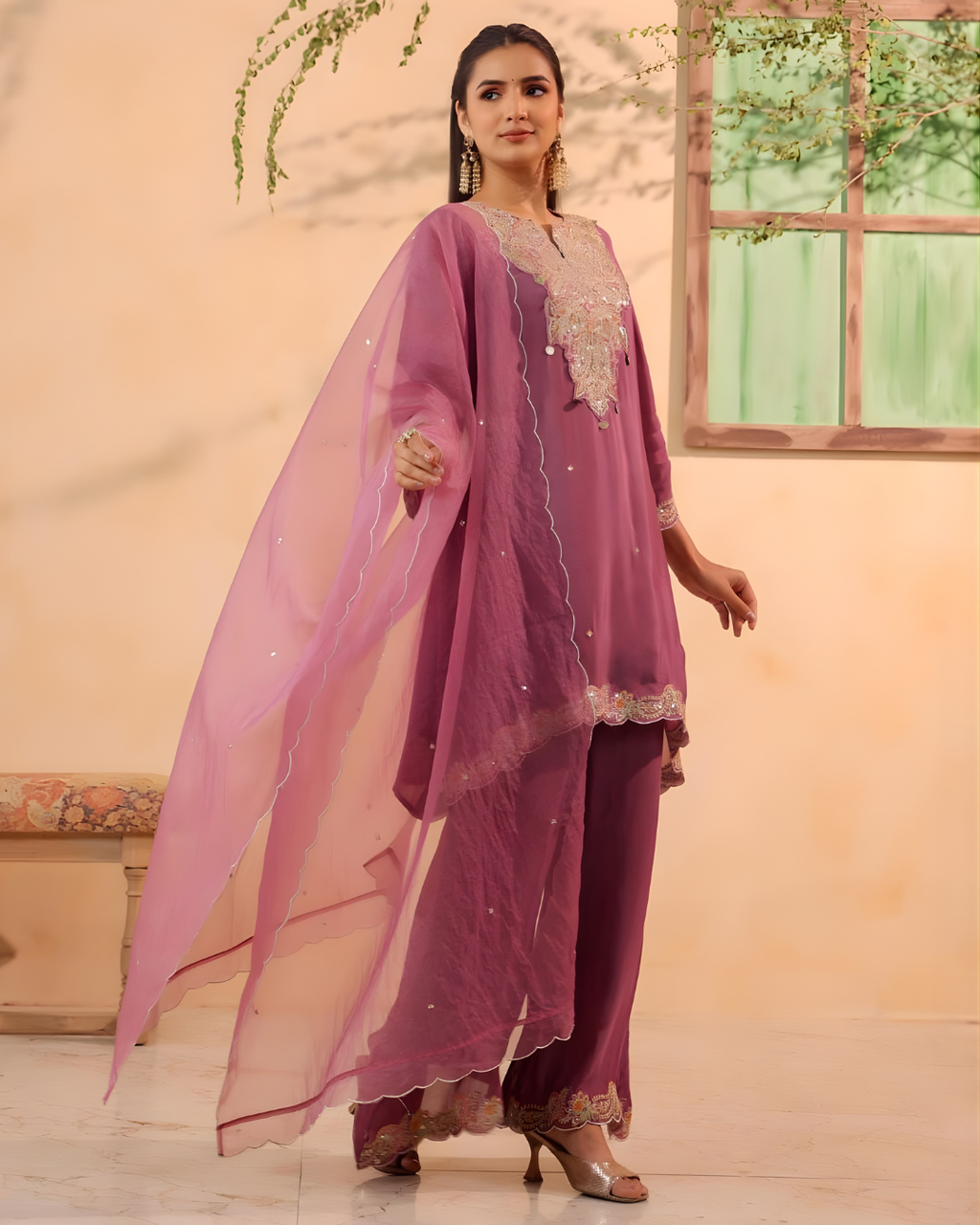 Pure Chinnon Straight Kurti Set with Embroidered Dupatta