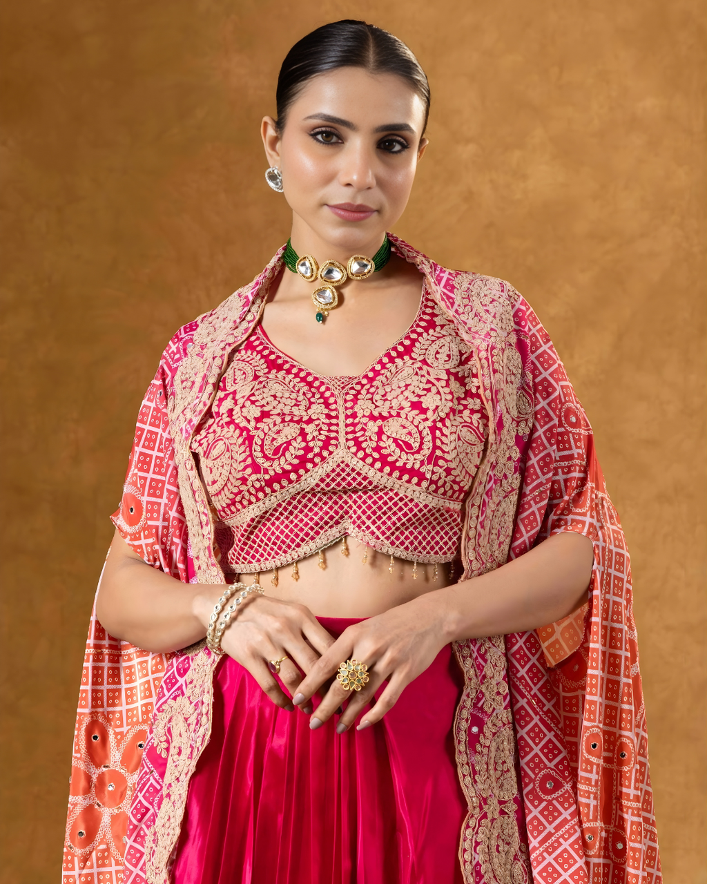 Fuchsia Bloom Embroidered Cape & Silk Skirt Ensemble