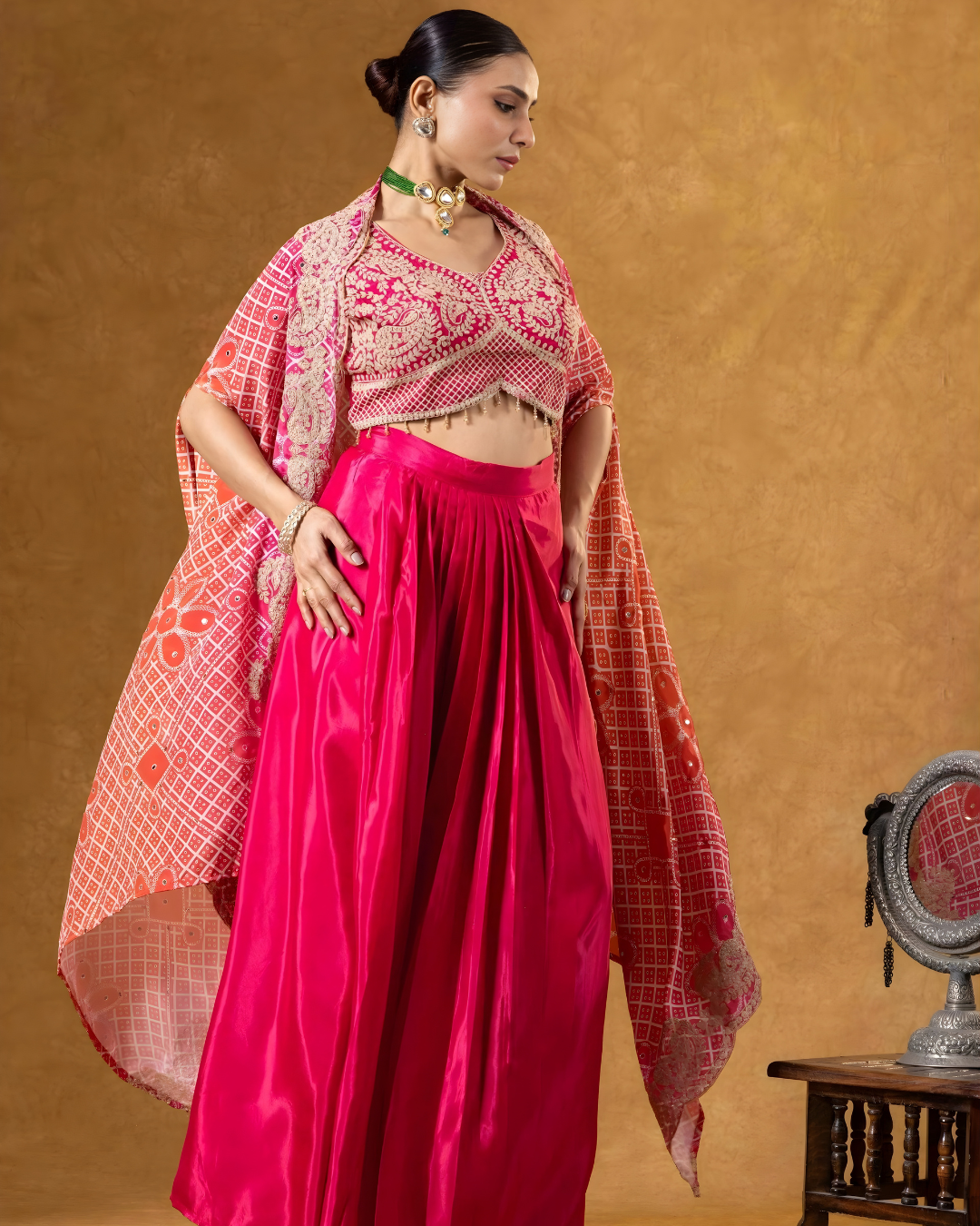 Fuchsia Bloom Embroidered Cape & Silk Skirt Ensemble