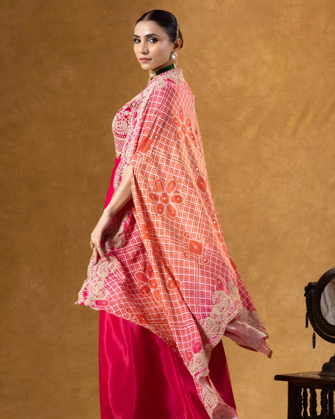 Fuchsia Bloom Embroidered Cape & Silk Skirt Ensemble