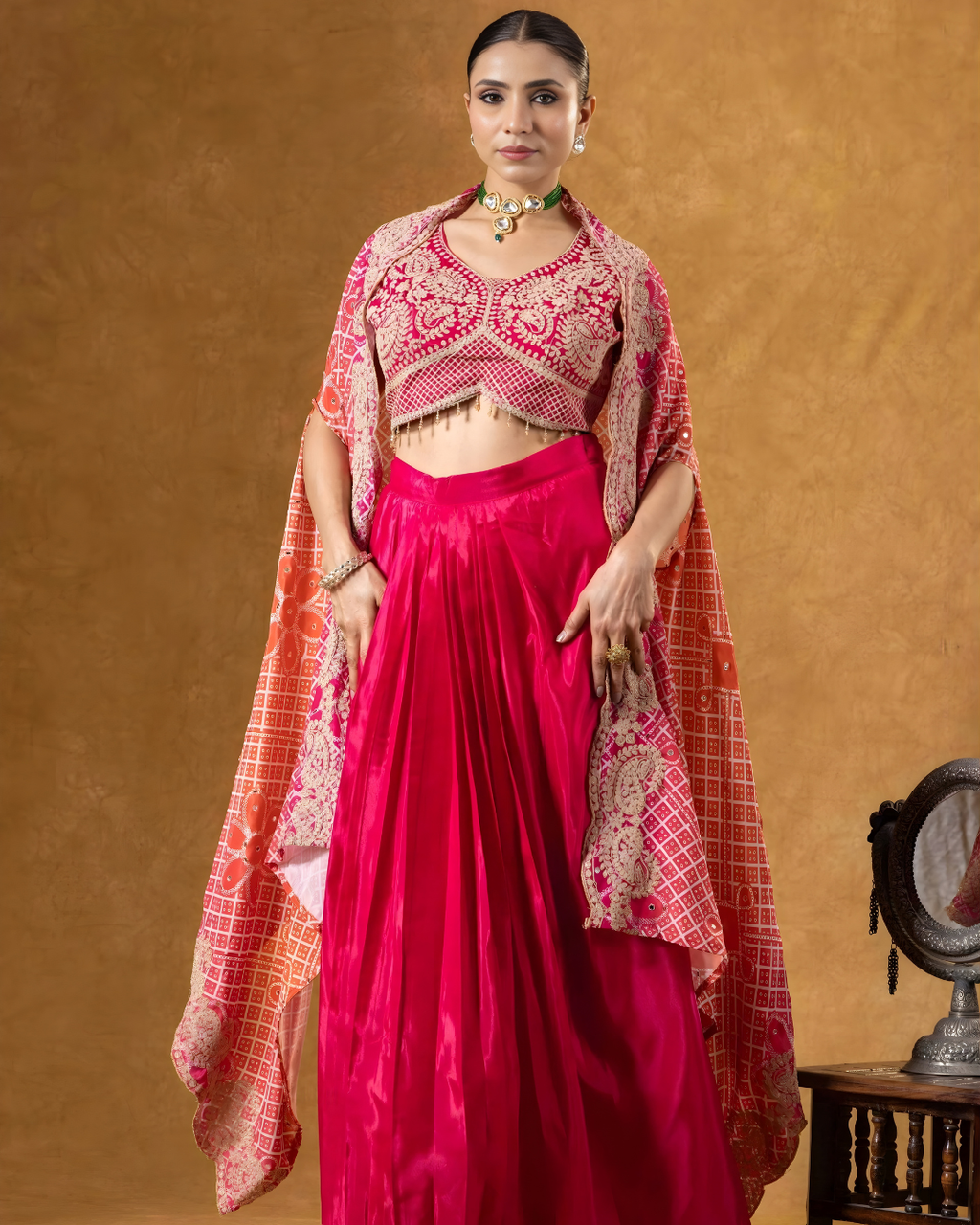 Fuchsia Bloom Embroidered Cape & Silk Skirt Ensemble