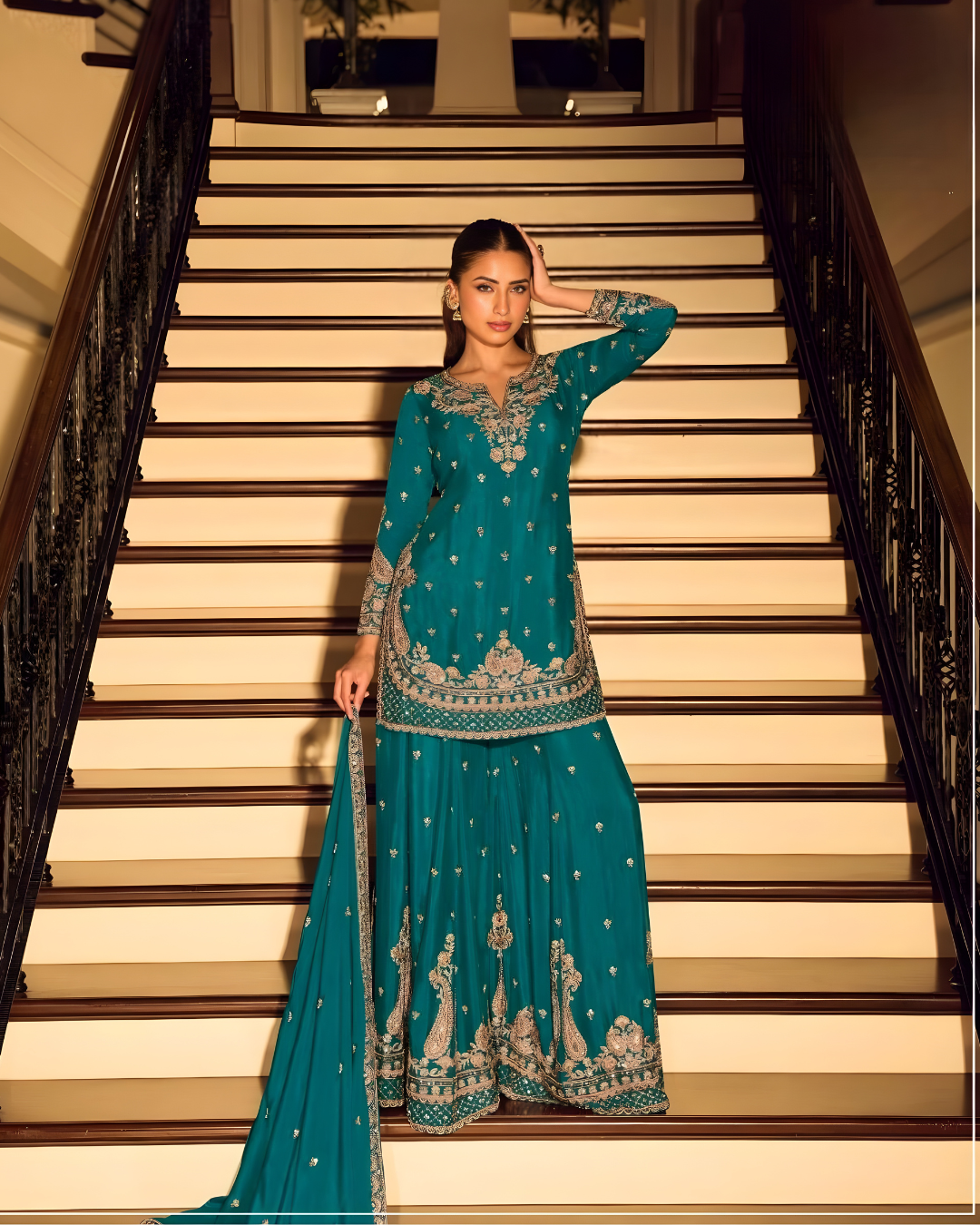 Teal Zari & Beadwork Chinon Silk Sharara Set