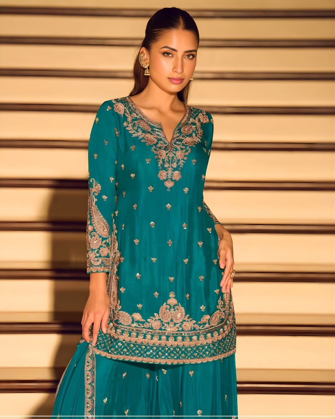 Teal Zari & Beadwork Chinon Silk Sharara Set