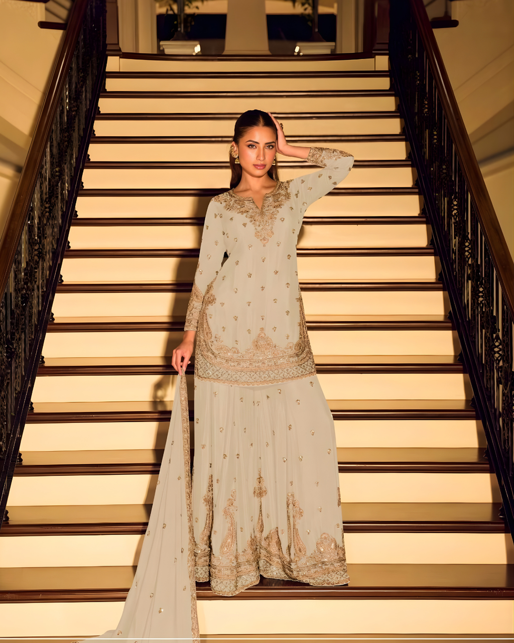 Teal Zari & Beadwork Chinon Silk Sharara Set