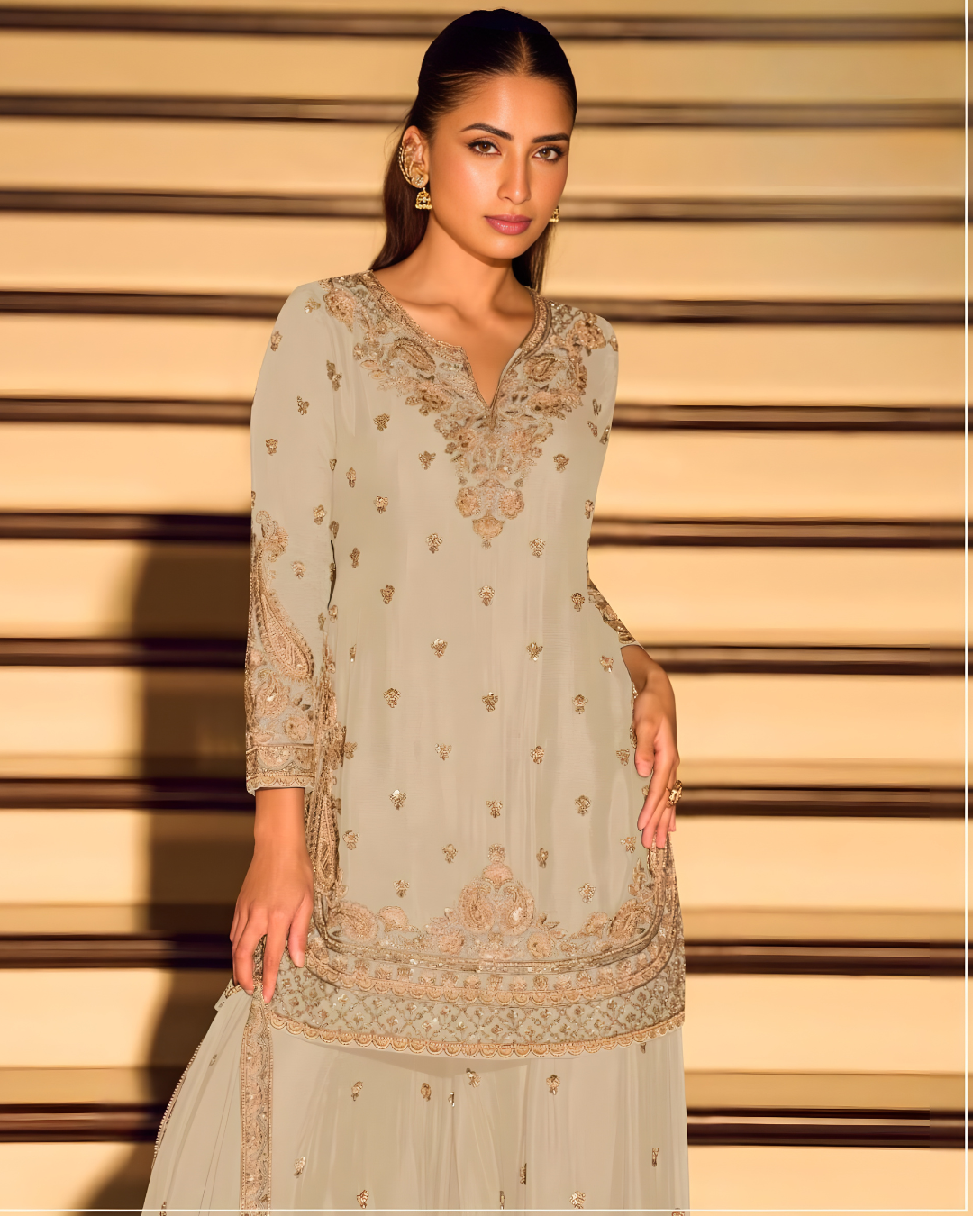 Teal Zari & Beadwork Chinon Silk Sharara Set