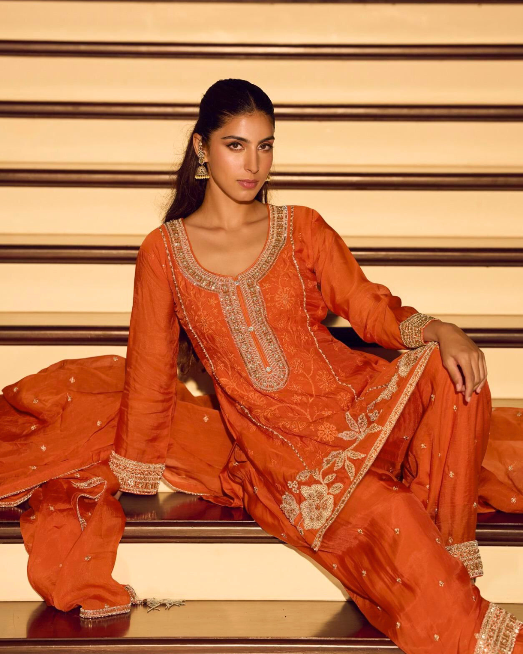 Teal Zari & Beadwork Chinon Silk Sharara Set