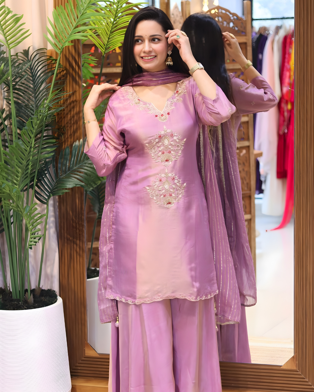 Regal Luster Hand-Embroidered Pure Tissue Silk Palazzo Ensemble