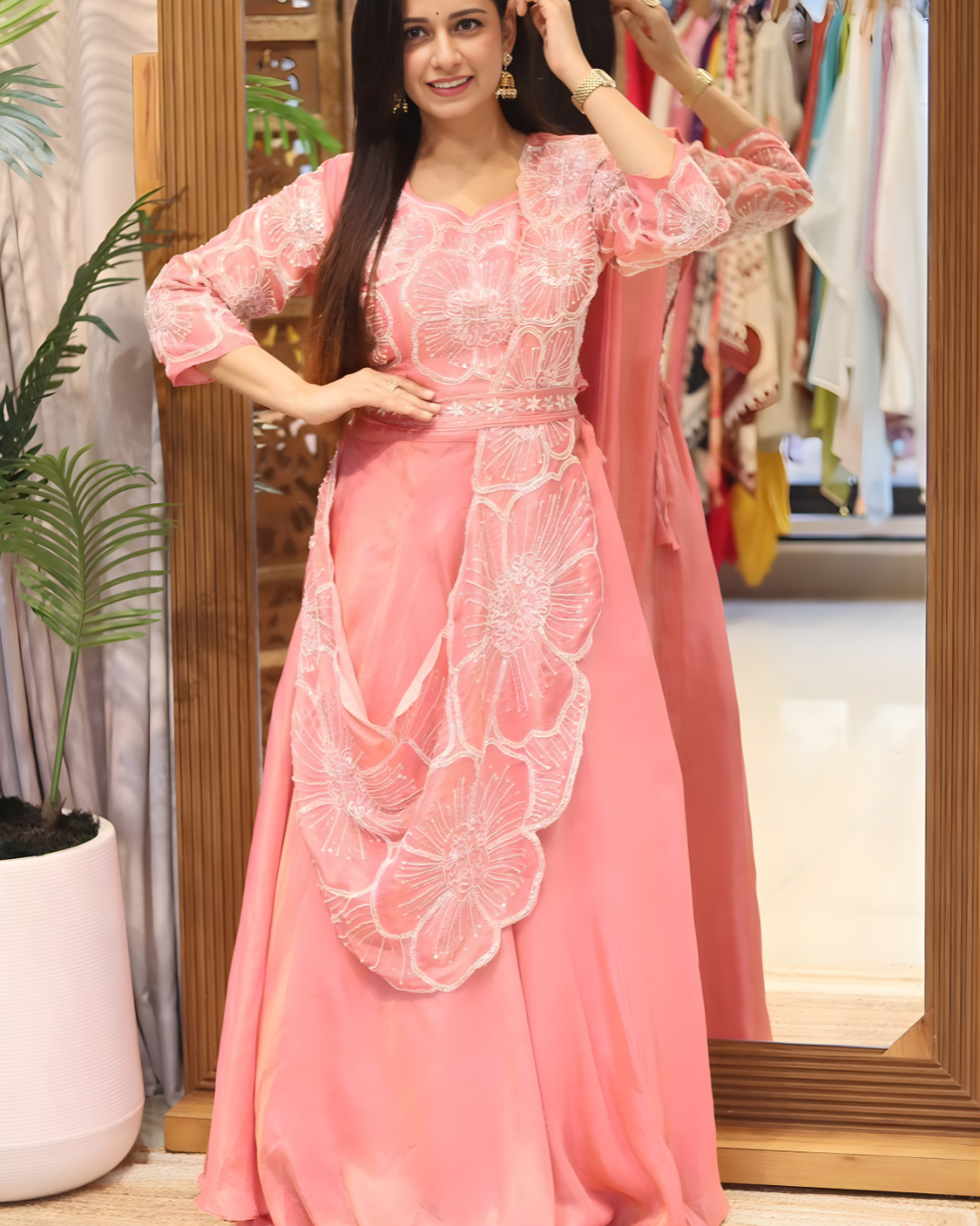 Tissue Silk Indowestern Lehenga with Detachable Cutwork Cape