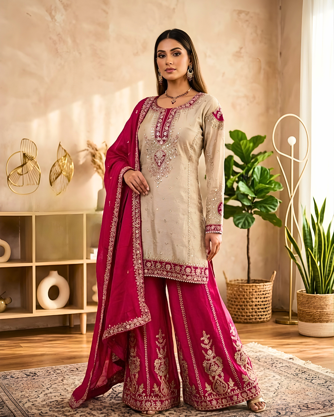 Silk Embroidered Sharara Suit Set