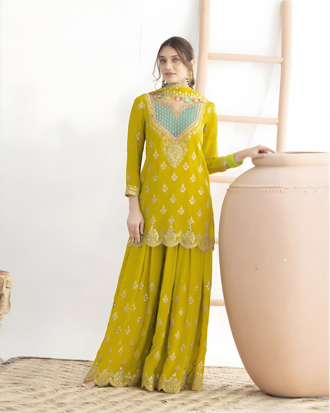 Heavily Embroidered Premium Chinon Silk Sharara Suite