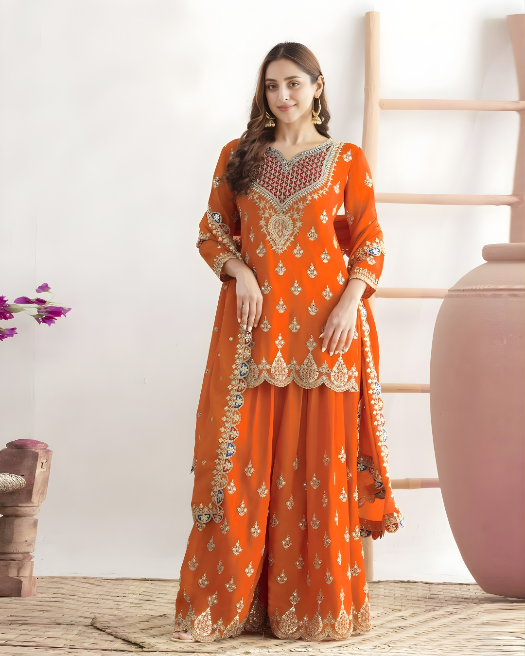 Heavily Embroidered Premium Chinon Silk Sharara Suite