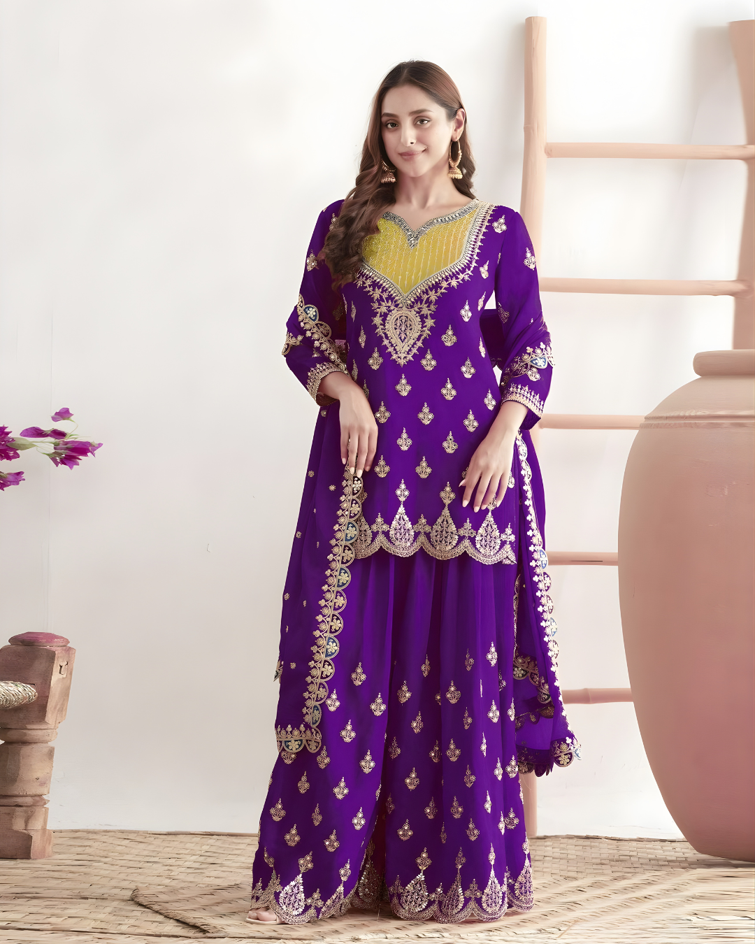 Heavily Embroidered Premium Chinon Silk Sharara Suite