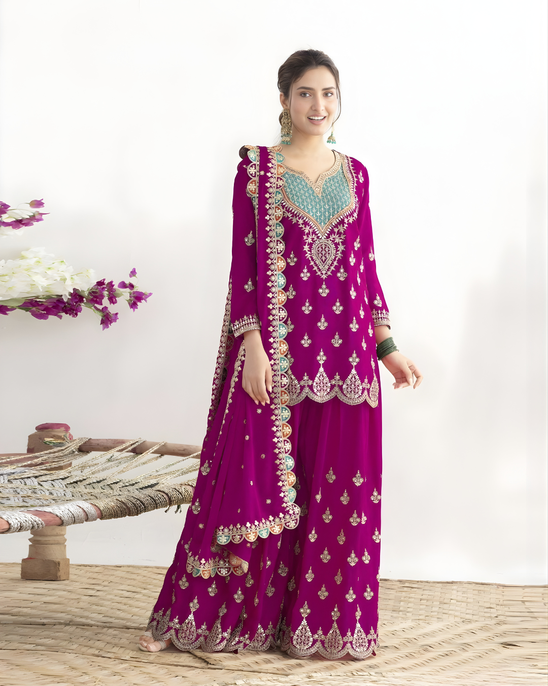 Heavily Embroidered Premium Chinon Silk Sharara Suite