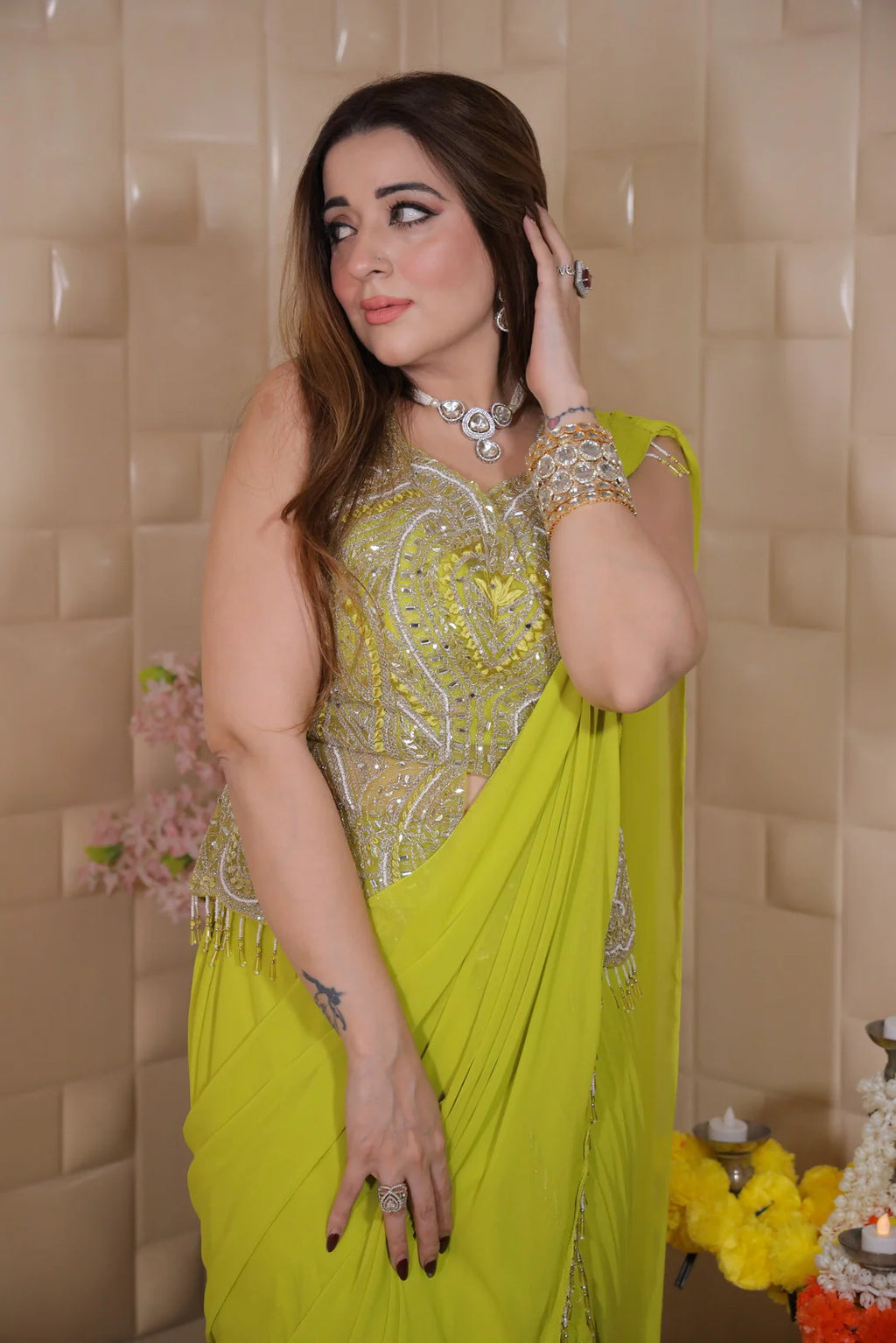 itrine Glow Pleated Party Wear Saree with Embellished Bodice