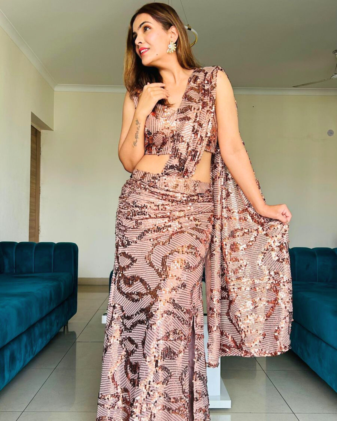 Celebrity Glam Sequence Mermaid Saree with Side Slit