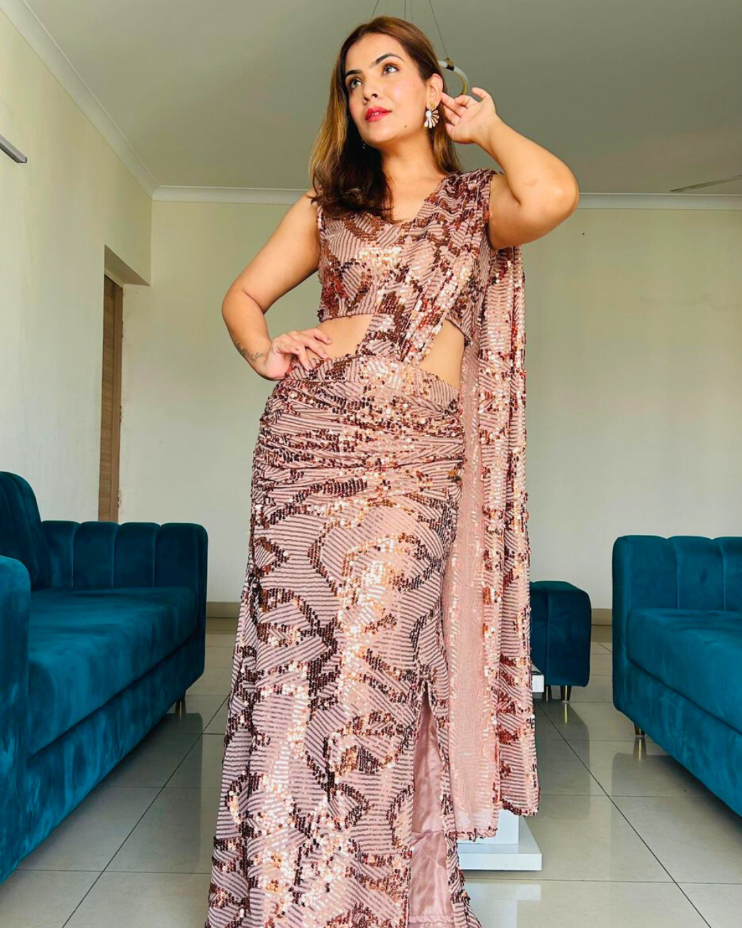 Celebrity Glam Sequence Mermaid Saree with Side Slit