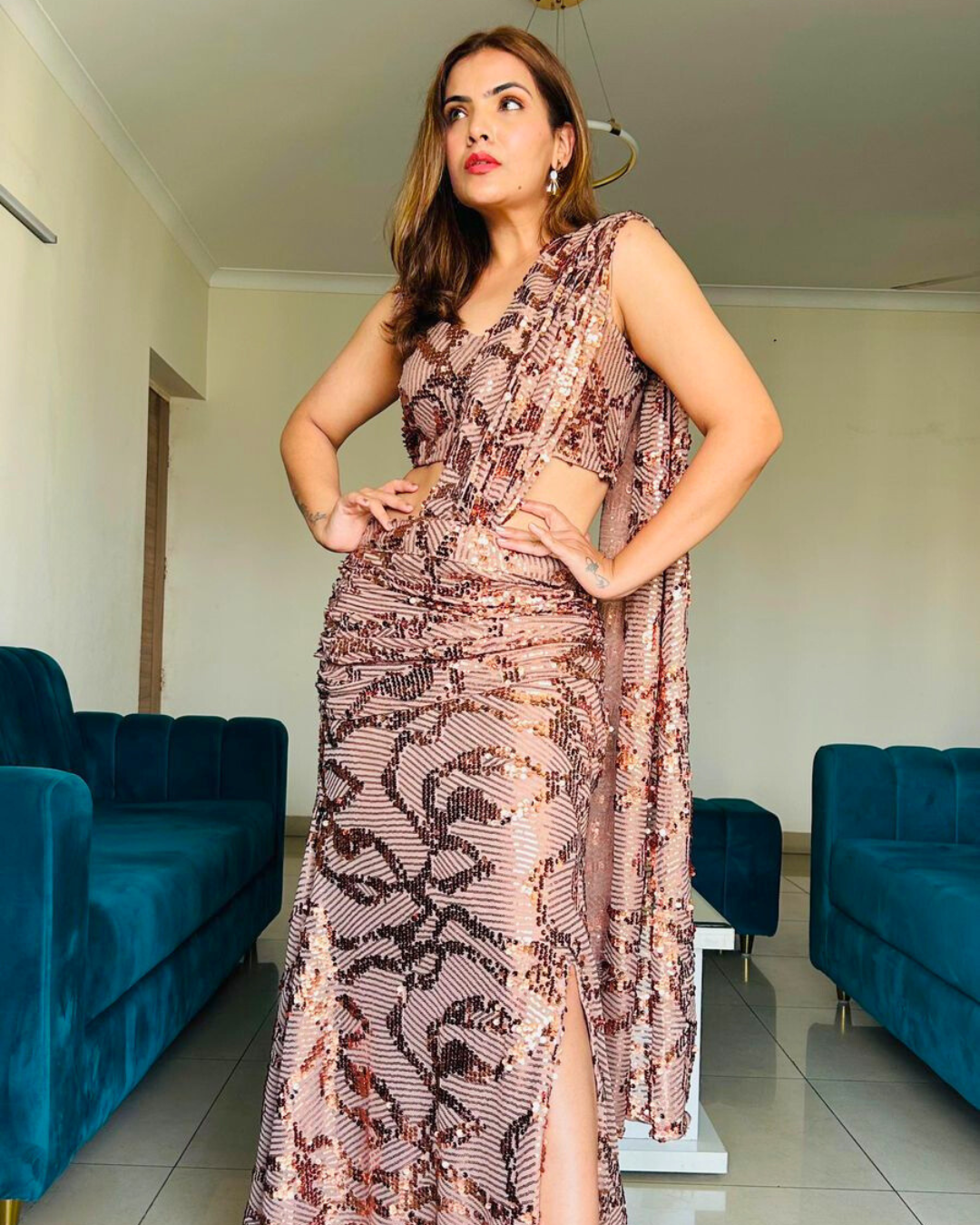 Celebrity Glam Sequence Mermaid Saree with Side Slit