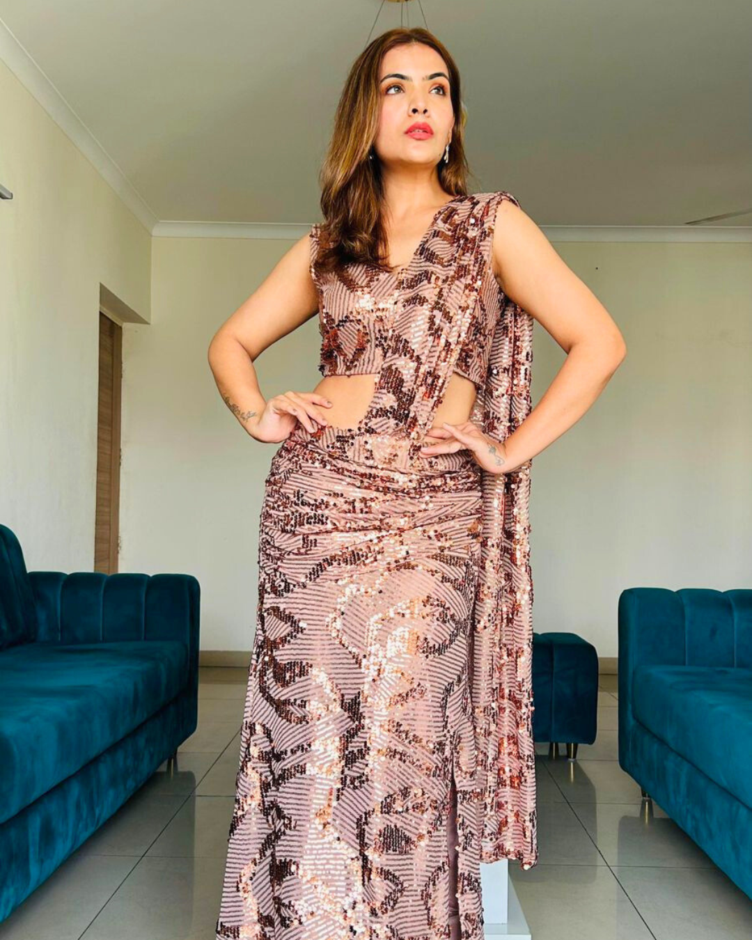 Celebrity Glam Sequence Mermaid Saree with Side Slit