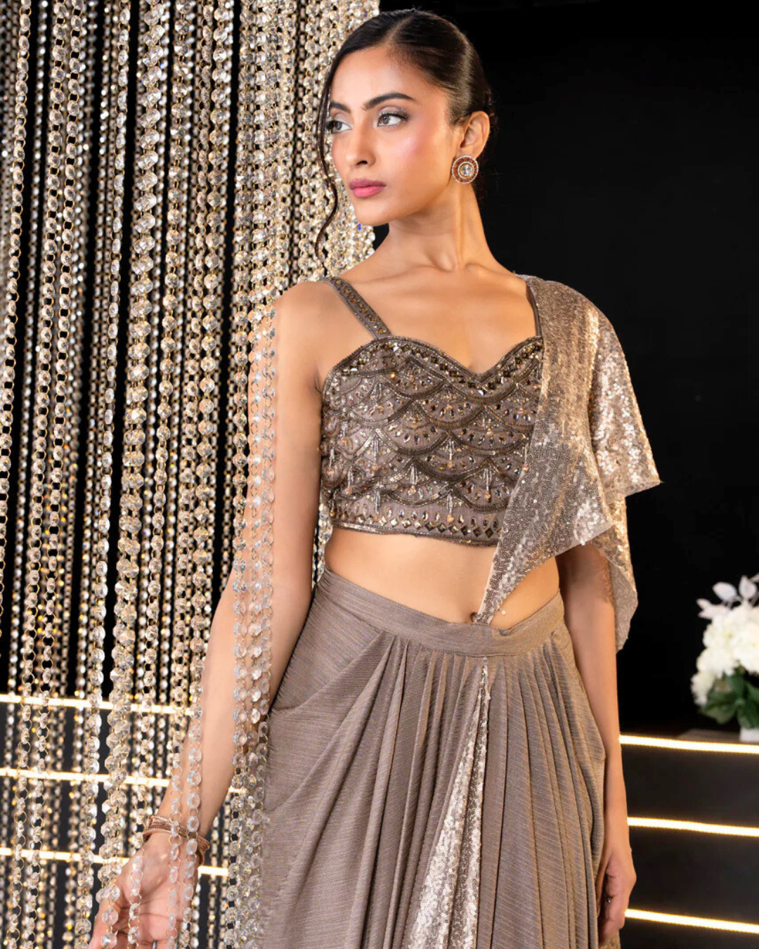 Champagne Charm Pre-Draped Sequin Saree