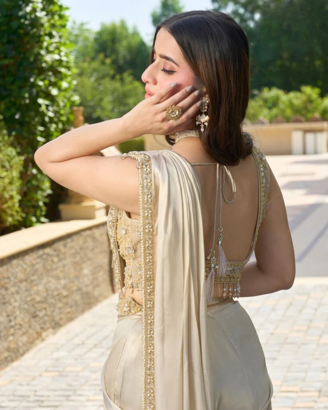 Moti & Stone Studded Designer Pre-Draped Saree