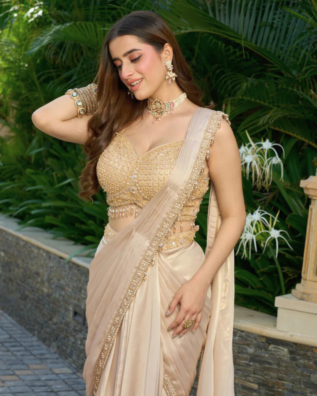 Moti & Stone Studded Designer Pre-Draped Saree