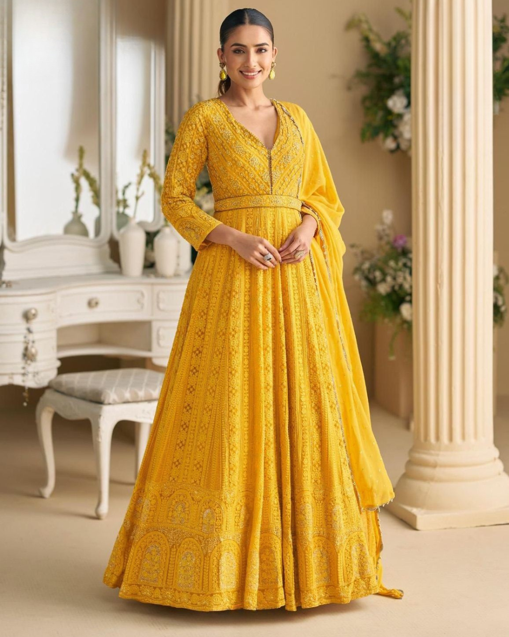 Ivory Grace Hand-Embroidered Georgette Designer Gown