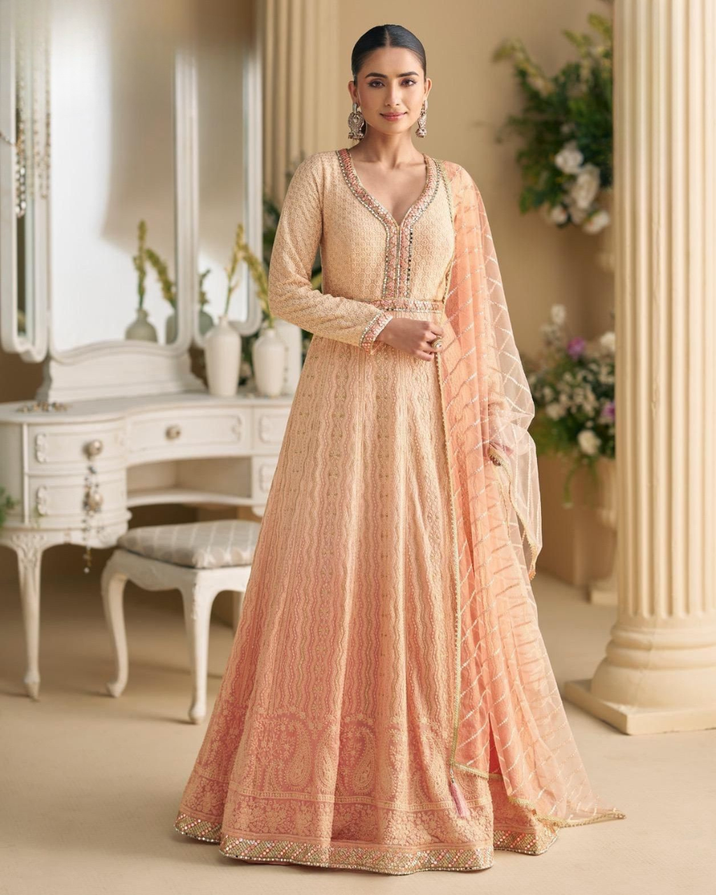 Ivory Grace Hand-Embroidered Georgette Designer Gown