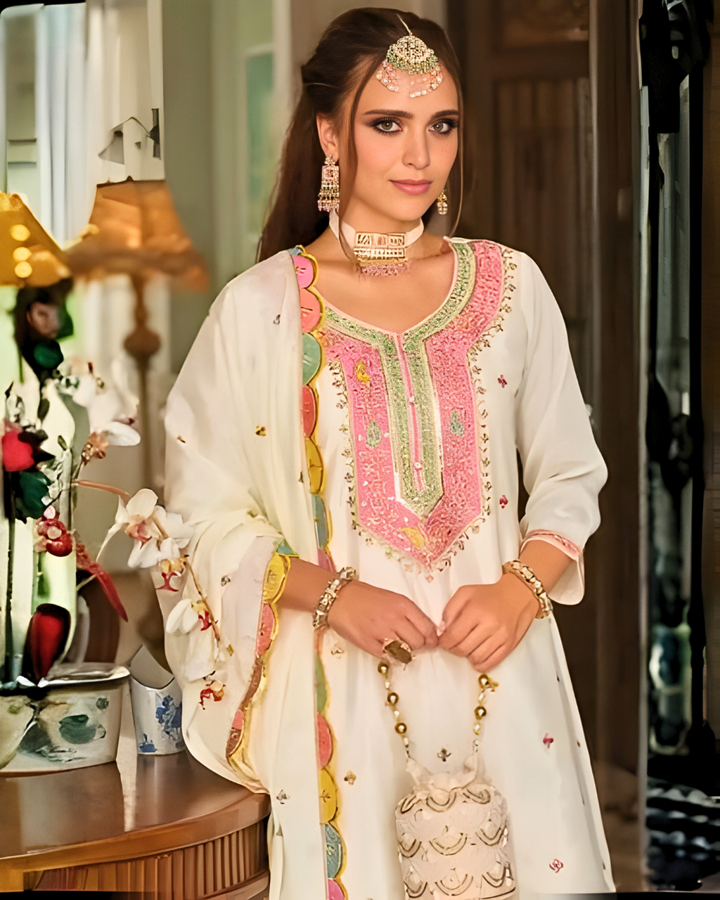Heavy Chinon Embroidered Palazzo Suit Set