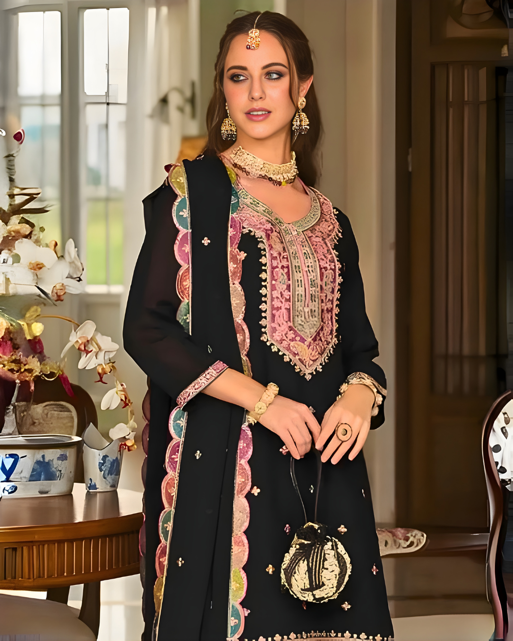 Heavy Chinon Embroidered Palazzo Suit Set