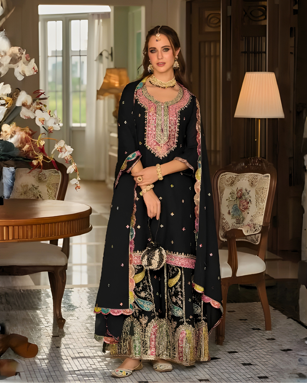 Heavy Chinon Embroidered Palazzo Suit Set