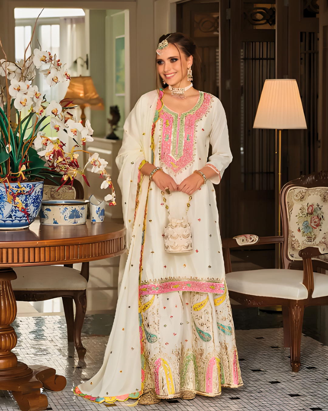Heavy Chinon Embroidered Palazzo Suit Set