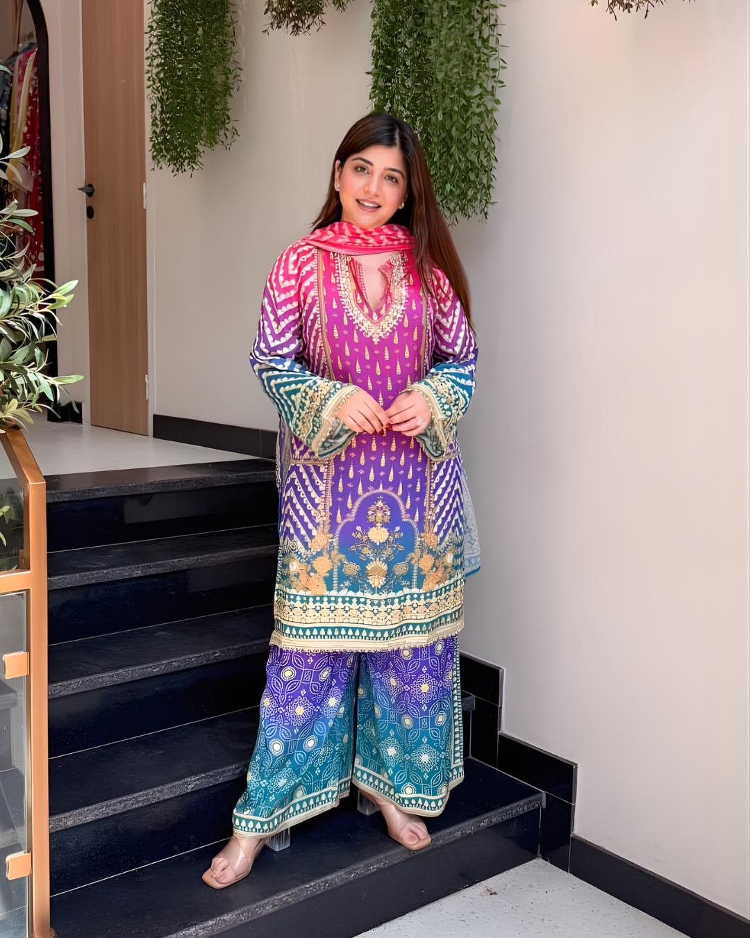Muslin Digital Print Kurta Palazzo Set with Ombre Dupatta