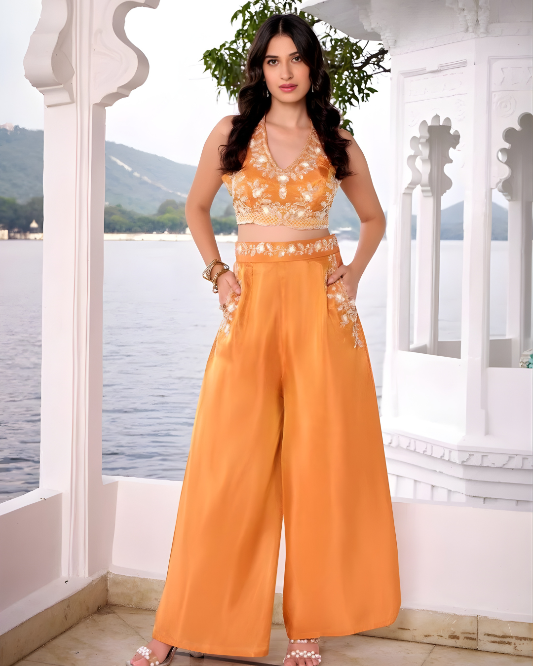 Modern Muse Embroidered Crop Top with Palazzo