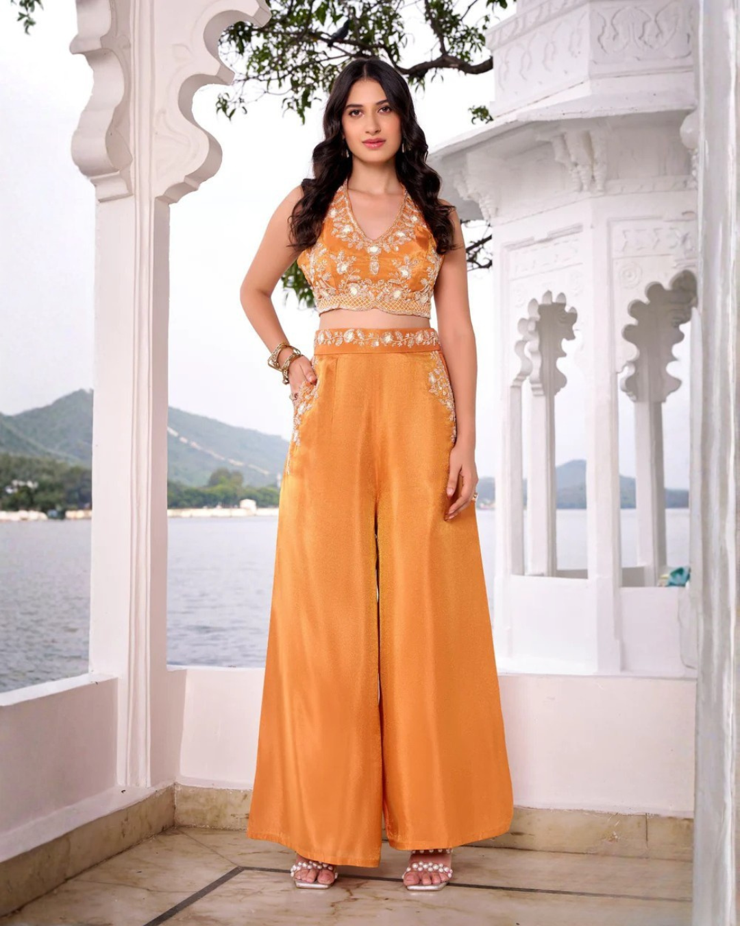 Modern Muse Embroidered Crop Top with Palazzo