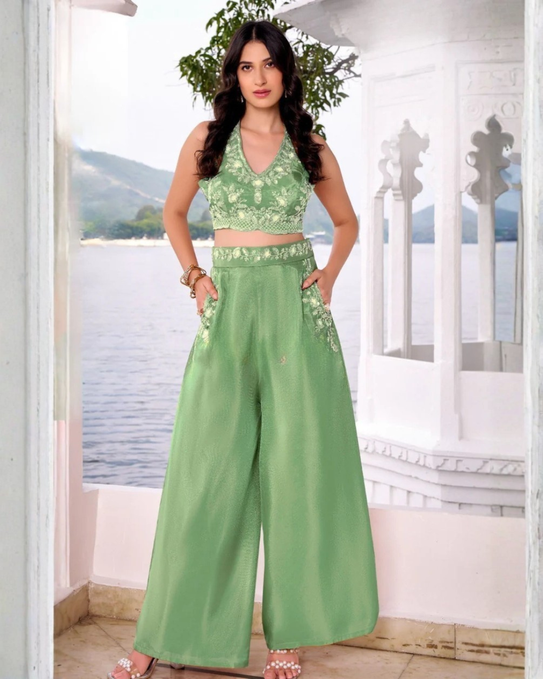 Modern Muse Embroidered Crop Top with Palazzo