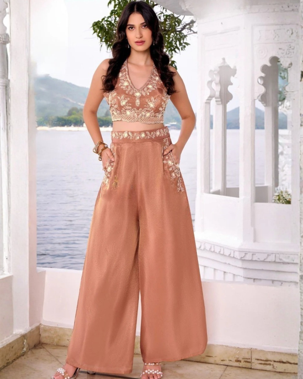 Modern Muse Embroidered Crop Top with Palazzo