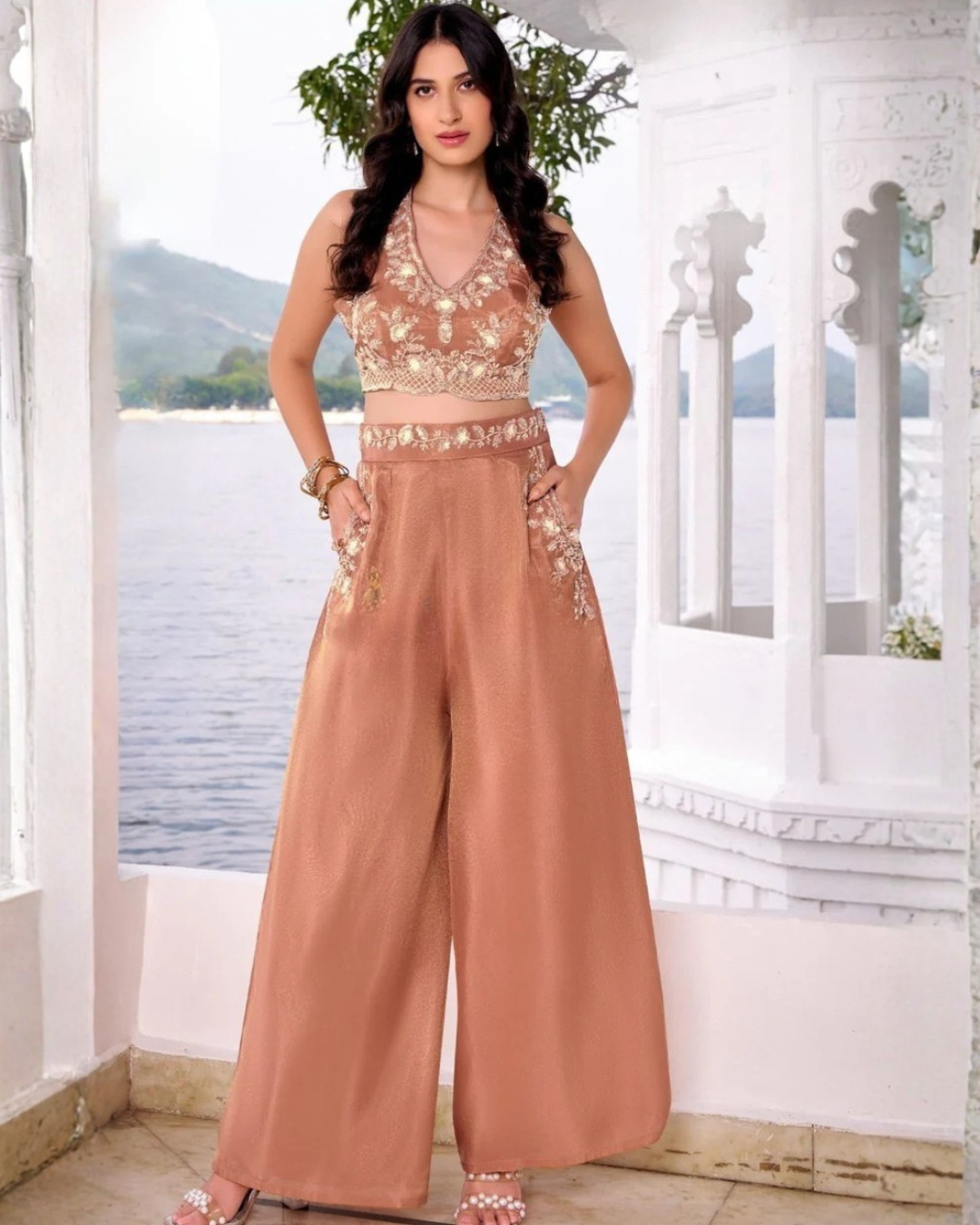 Modern Muse Embroidered Crop Top with Palazzo