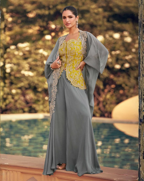 Chinon Silk Palazzo Set with Organza Silk Jacket