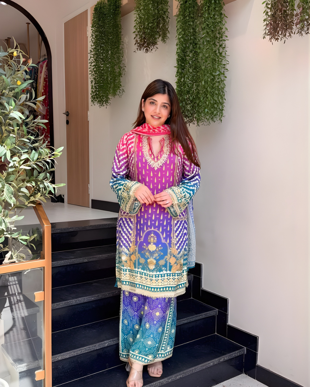 Muslin Digital Print Kurta Palazzo Set with Ombre Dupatta