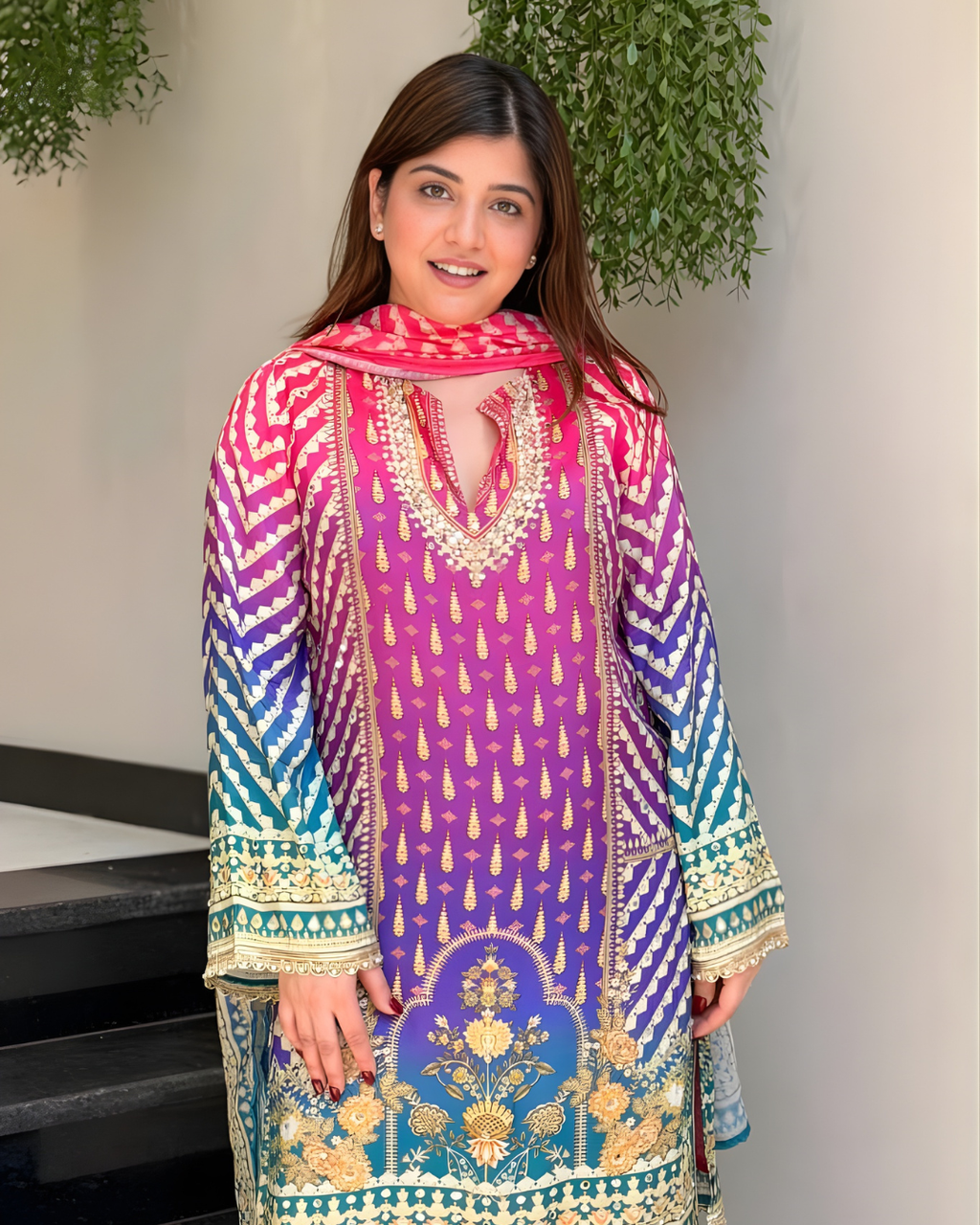 Muslin Digital Print Kurta Palazzo Set with Ombre Dupatta