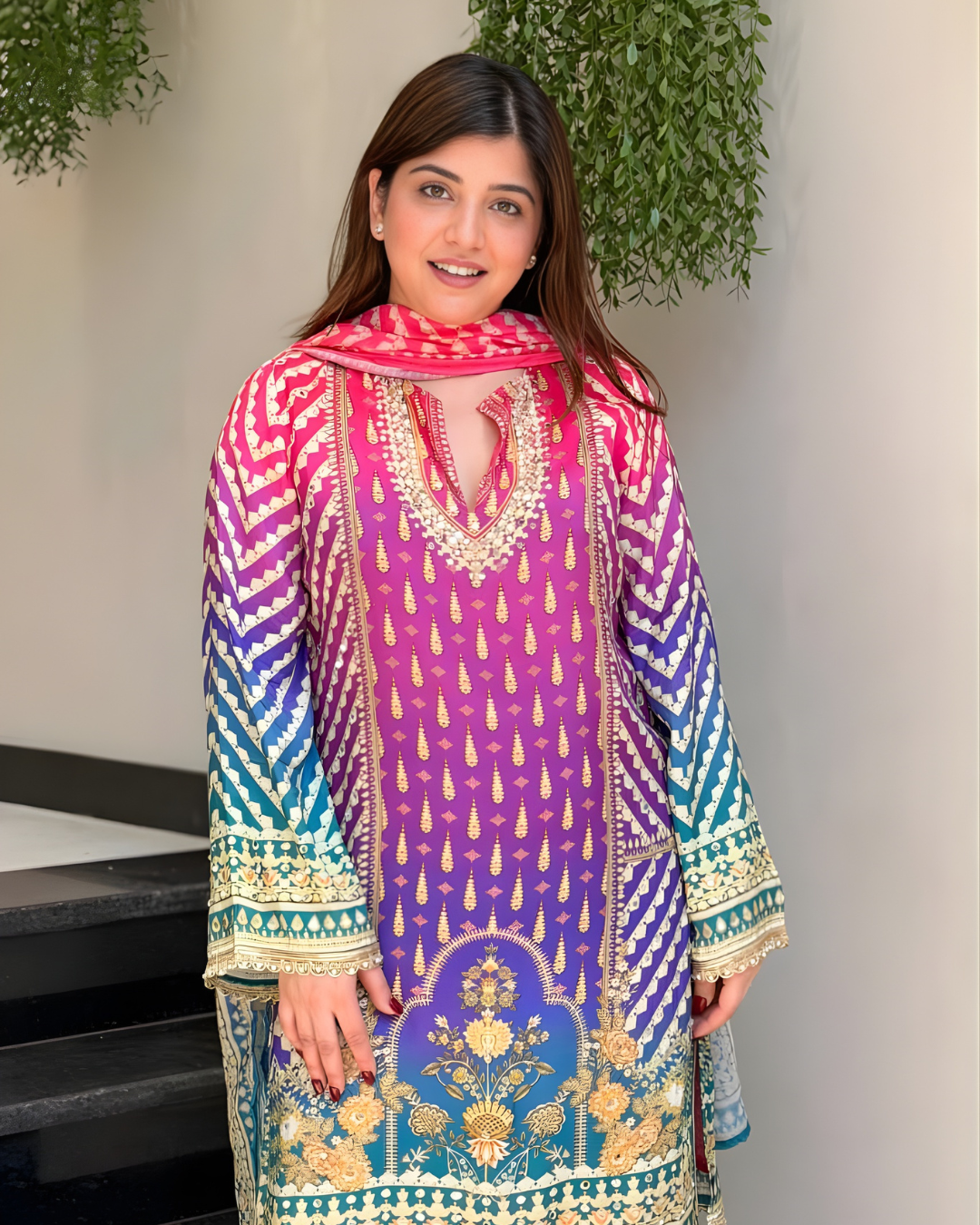 Muslin Digital Print Kurta Palazzo Set with Ombre Dupatta
