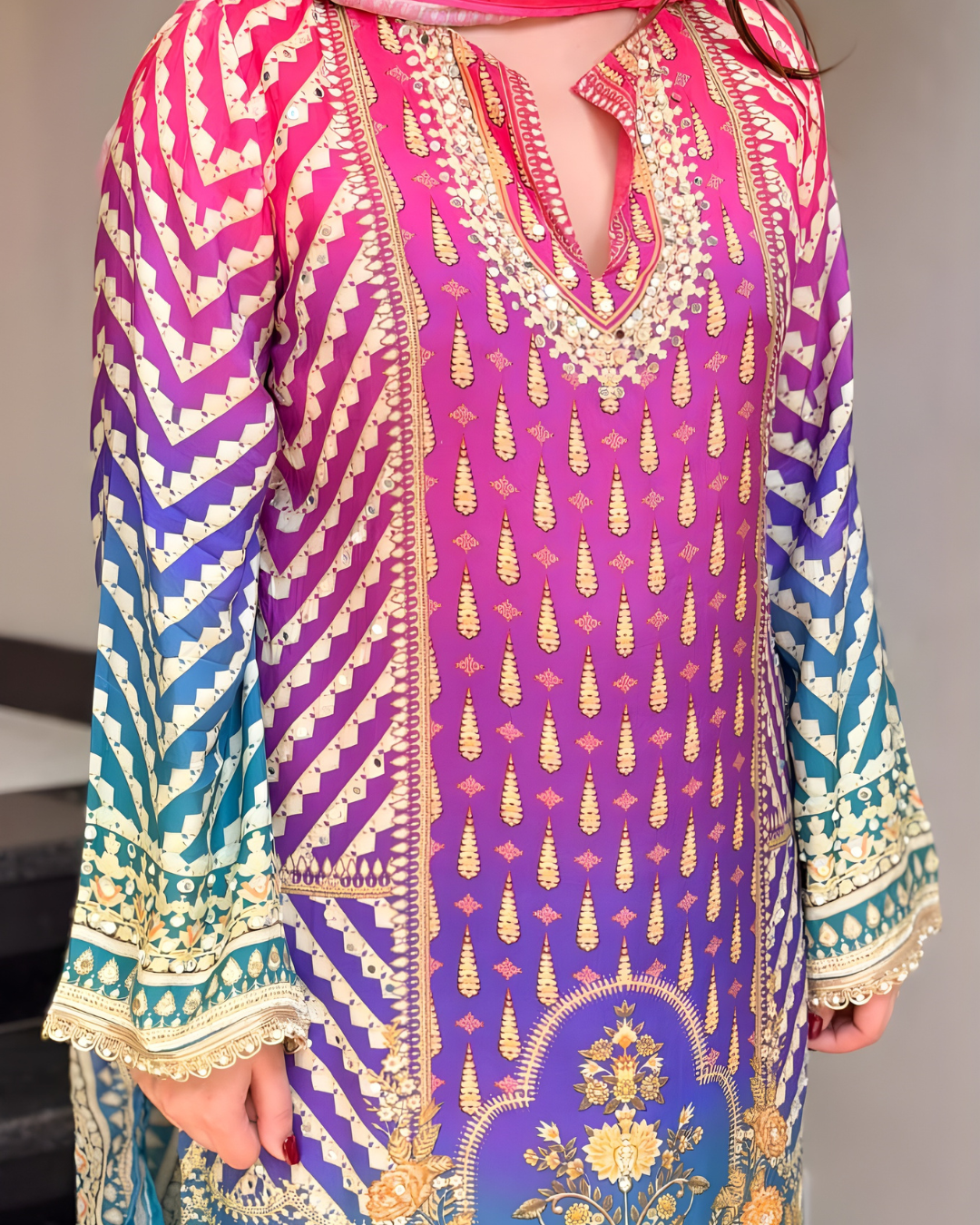 Muslin Digital Print Kurta Palazzo Set with Ombre Dupatta