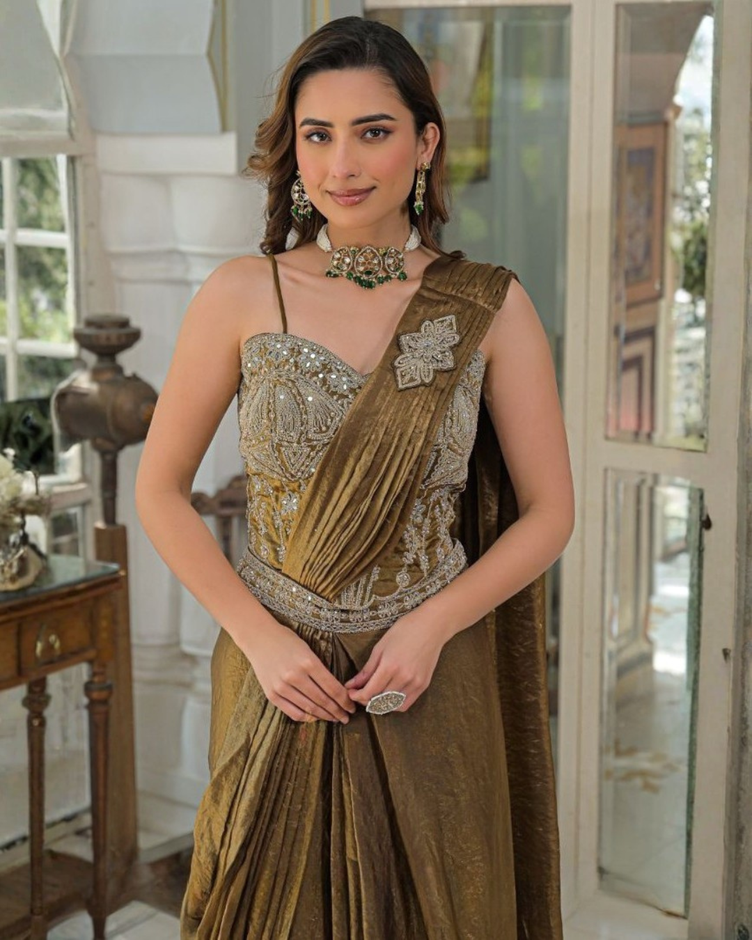 Fendi Silk Mirror & Stone Work Ready to Wear Saree