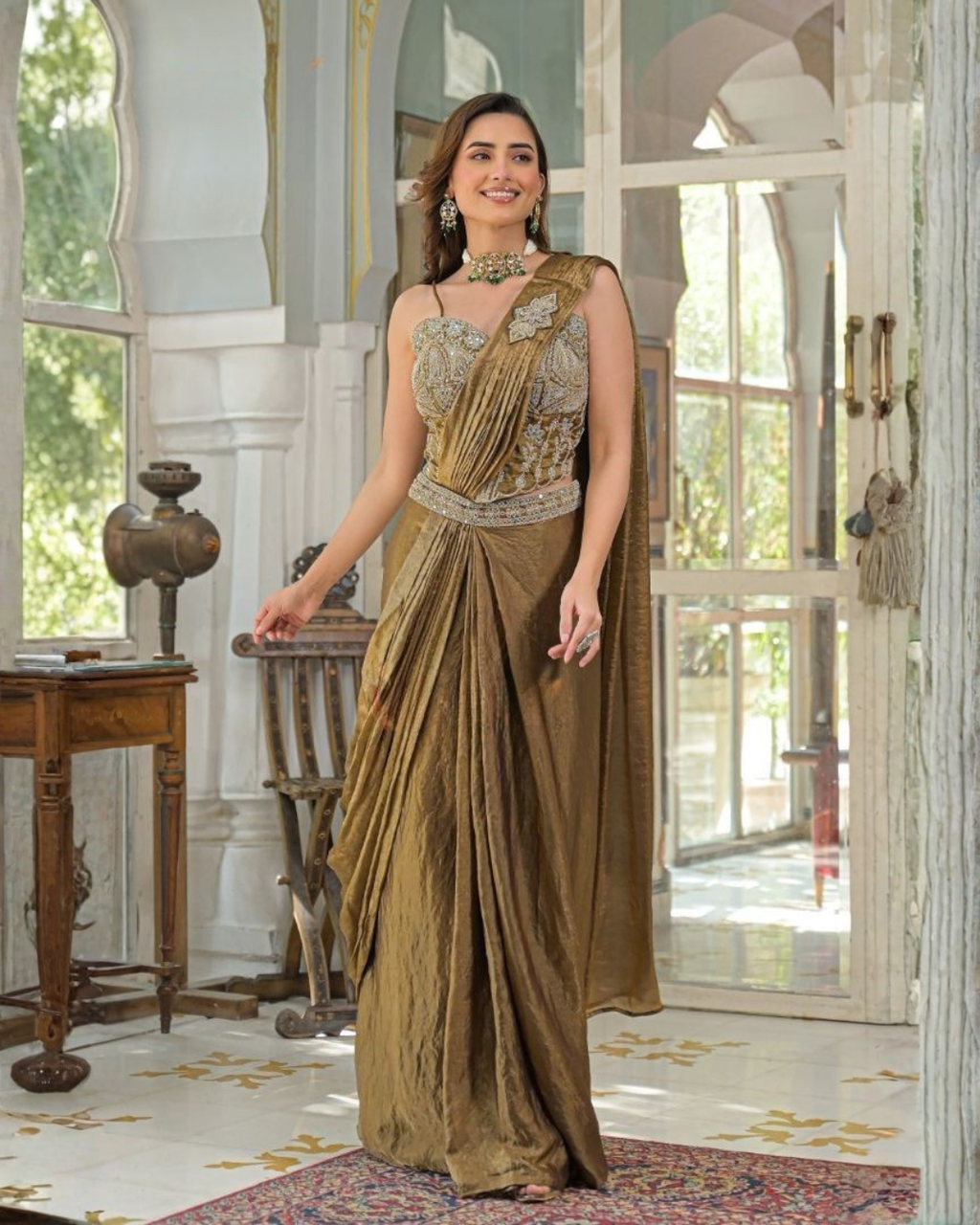 Fendi Silk Mirror & Stone Work Ready to Wear Saree